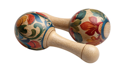 Pair of wooden maracas featuring vibrant hand-painted floral designs, used as percussion instruments for latin american music and rhythm