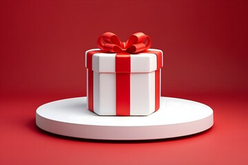 Gift Box with Red Ribbon on Round Base - Holiday Celebration Concept