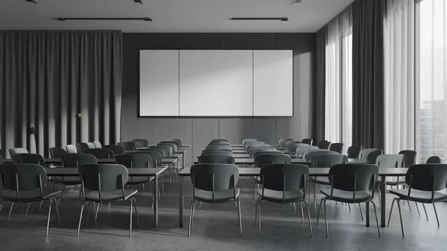 Spacious and contemporary conference room with rows of dark chairs and desks facing a large blank screen. Perfect for business presentations, corporate training, or educational seminars.