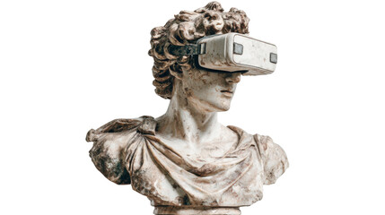Ancient marble bust exploring virtual reality metaverse concept, combining classic art with modern technology, transparent background