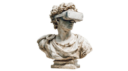 Marble greek bust wearing vr headset, exploring the intersection of classical sculpture, digital media, and augmented reality on transparent background