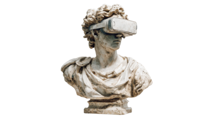 Marble greek bust wearing vr headset, exploring the intersection of classical sculpture, digital media, and augmented reality on transparent background