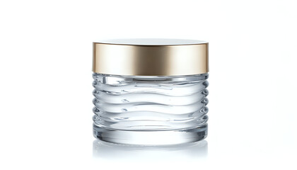 Obraz premium Clear cosmetic cream jar with metallic lid displayed on white background for beauty packaging design