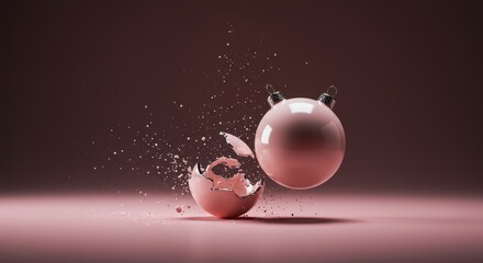 A delicate, glossy ornament falling quickly onto a hard surface, captured mid-air just before impact and certain destruction, damage, drop, ornament