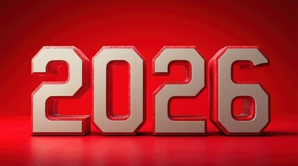 Bold metallic three dimensional typography displaying the future year twenty twenty six against a vibrant red background