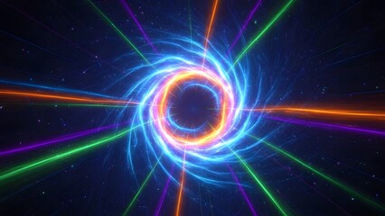 Vibrant swirling light vortex with multicolored rays