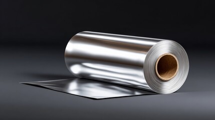 A silver roll of foil is on a grey surface. The foil is shiny and reflective. The foil is rolled up and has a brown paper tube in the middle