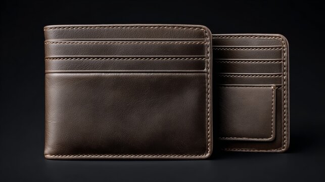 Two wallets, one brown and one black, are shown side by side. The brown wallet is larger and has a more prominent design, while the black wallet is smaller and more subtle