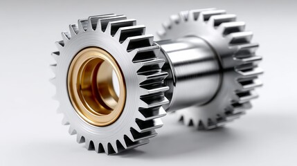 A silver gear with a gold band is shown in a close up. The gear is part of a larger gear system, and the close up of the gear emphasizes its intricate design and the precision of its construction