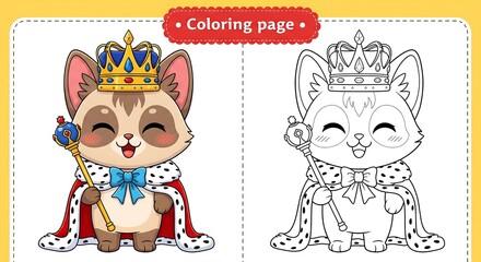 Fototapeta premium Cartoon royal cat coloring page with a colored and an outline version.