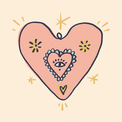 Cute vintage locket in heart shape with coquette core vibe elements. Girlish tiny aesthetic whimsical sketch with sacred eye and flowers botanical details. Open and closed pendants jewelry doodle