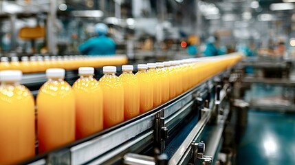 Naklejka premium Orange juice bottles moving along a factory conveyor belt