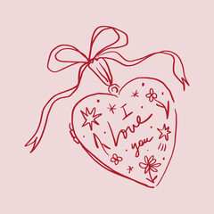 Cute vintage locket in heart shape with coquette core bow vibe elements girly pink red color palette. Girlish tiny aesthetic whimsical sketch with sacred eye and flowers botanical details. Open and