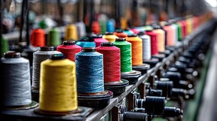 Colorful thread spools on textile factory machines manufacturing fabric