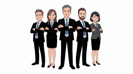 Fototapeta premium Diverse business team in professional attire with confident stance in flat illustration style with bright white background for corporate branding