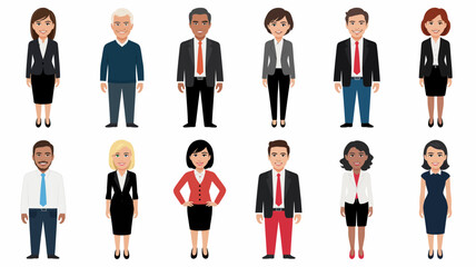 Diverse Business Professionals in Various Attire Standing in Flat Illustrative Style with Bright Color Palette on White Background for Corporate Use
