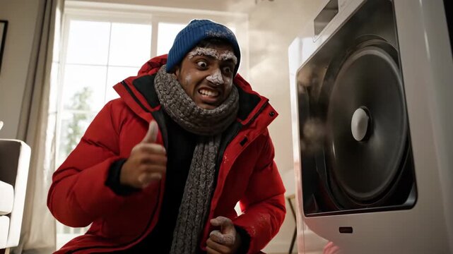 On a cold winter afternoon, a man shivers while wrapped in layers. Suddenly, he finds comfort by the heater, joy lighting up his face as warmth embraces him.