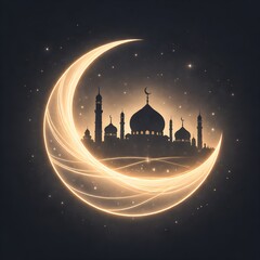 A beautiful digital illustration of a glowing golden crescent moon with a mosque silhouette inside perfect for ramadan or eid celebrations