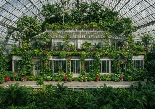 A colossal glass house filled with lush vegetation, containing many smaller, detailed greenhouse models within the abundant foliage ,glass, ecosystem, lush