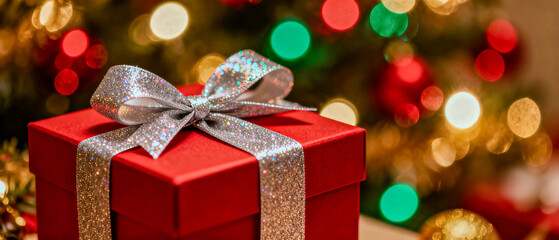 Festive red present adorned with a glittering ribbon, set against glowing bokeh lights, creating a warm and magical holiday scene.