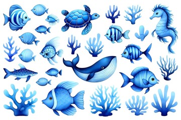 Blue Ocean Life Illustration - Whales, Fish, Coral, and Sea Creatures Set