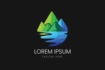 Blue Mountain Lake Landscape Reflection Vector logo template