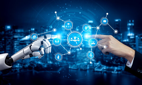 A striking visual representing the convergence of human and robotic interactions through digital interfaces, showcasing innovation and technology in a city backdrop. Tessel