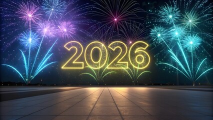 Happy New Year 2026 Celebration with Golden Sparkler Text and Colorful Fireworks