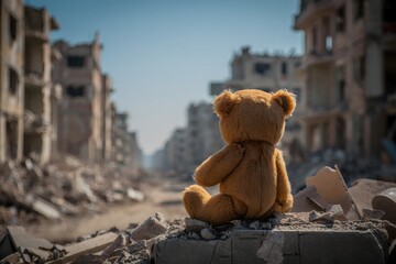 Lonely Teddy Bear Amidst Ruined Cityscape - Symbol of Loss and Abandonment