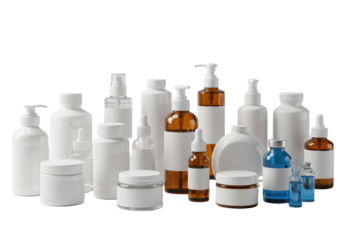 Pristine, liquid-filled packaging bottles and jars (plastic, amber, blue glass) with blank white labels, neatly arranged on a transparent studio background. Pharmaceutical and cosmetic concept