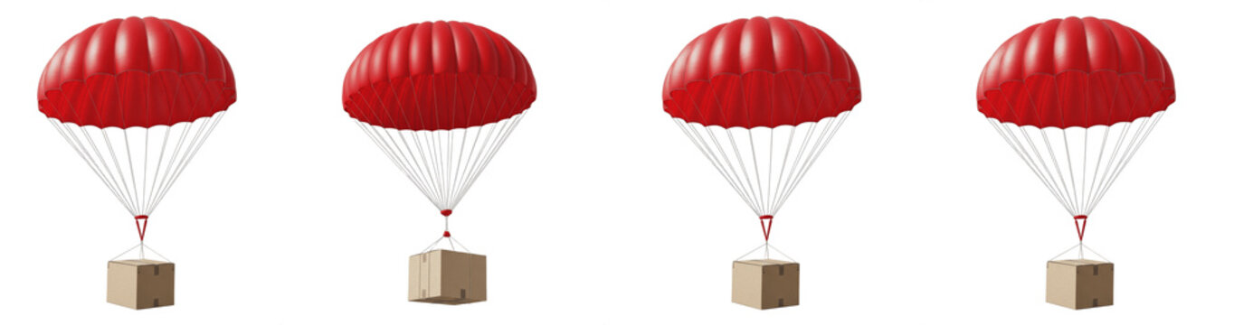 Humanitarian aid parachute delivery set with red medical cross cargo boxes isolated on white. Donation air drop, emergency relief, and charity supply logistics.