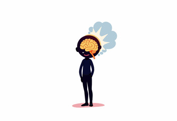 Cartoon Illustration of Person with Visible Brain and Thought Bubble Expressing Cognitive Thinking and Imagination