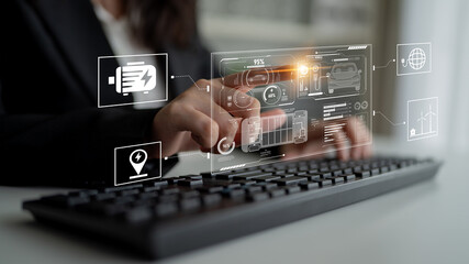 Smart interface showing electric vehicle performance, battery system, power control, charging status, and integration with renewable and grid-based energy sources Latch