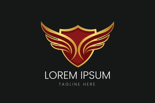 Red Shield with Golden Wings Emblem Vector logo template