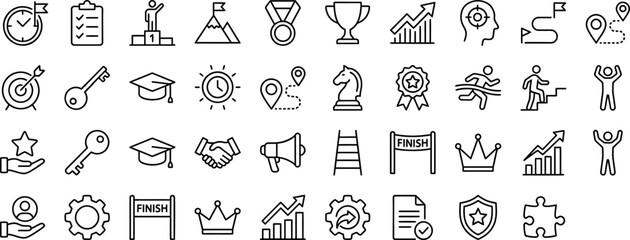 Goal tracking milestone icon set, editable stroke, mission achievement target success medal reward celebration trophy UI pack, business planning icons vector illustration