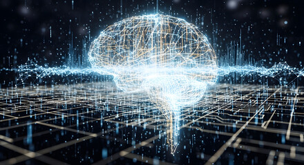 Abstract digital representation of a glowing neural network brain structure symbolizing artificial intelligence and complex data processing on a dark grid background