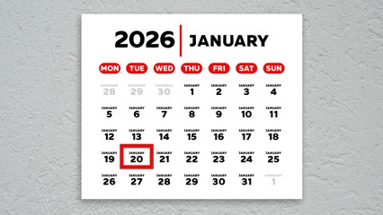 The date January 20th marked with a red cursor on the wall calendar 2026