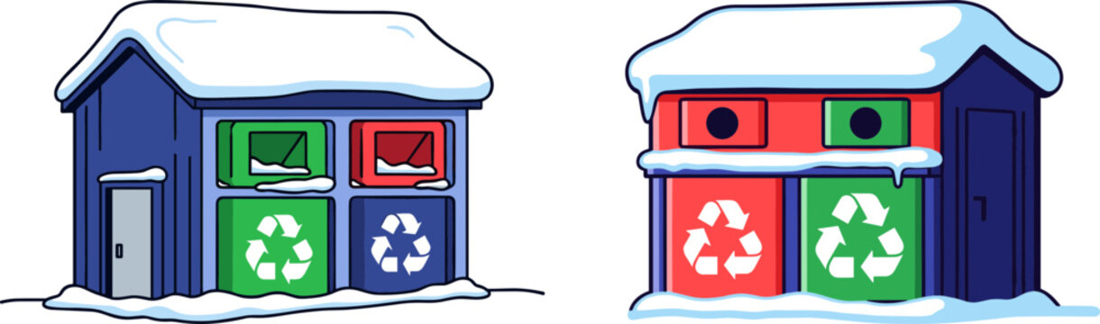 Two colorful recycling bins covered in snow outside, promoting eco-friendly waste disposal in winter with vibrant colors and cartoonish design, on a transparent background