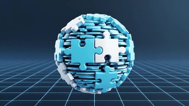 Innovative puzzle pieces forming a sphere, representing teamwork and solutions.