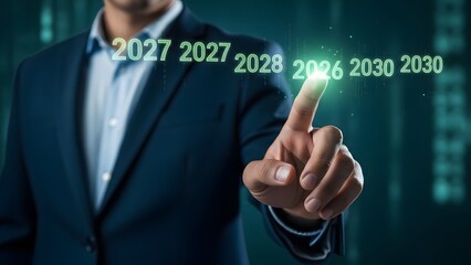 Businessman interacting with futuristic digital interface displaying years