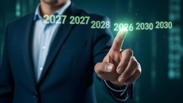 Businessman interacting with futuristic digital interface displaying years - Powered by Adobe