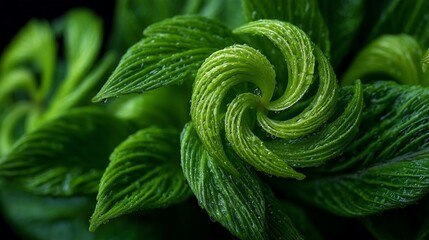 Fresh green swirl of plant greenery captured in macro with soft light and subtle translucency