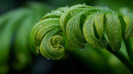 Fresh green swirl showcases dew drops on leaves in a botanical scene featuring organic textures and vibrant tones