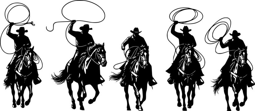 A vector silhouette 5 cowboys riding horses. Two of the ranch cowboys are holding lariats / ropes.