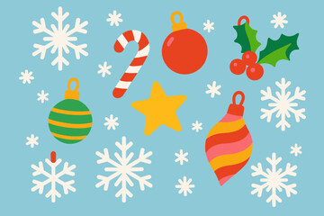 Festive Snowflake Ornaments. Playful arrangement of snowflakes and vector illustration festive ornaments on a pastel blue