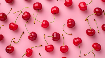 Minimalistic flat lay of glossy red cherries on pink background