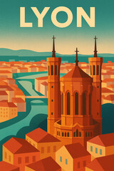 Lyon Travel Poster - Silhouetted Basilica of Notre-Dame de Fourvi&egrave;re Overlooking the Cityscape at Sunset