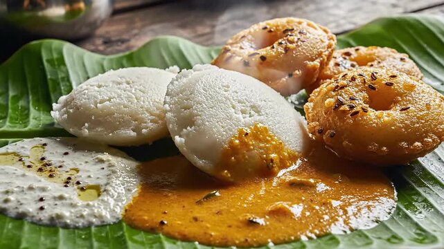 Steaming south indian cuisine plate idli vada with sambar and chutney