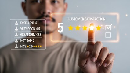 person interacts with futuristic touchscreen interface displaying customer satisfaction ratings and reviews