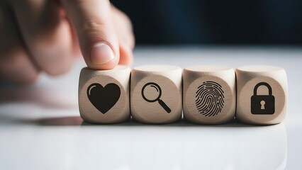 A hand arranging wooden blocks with symbolic icons